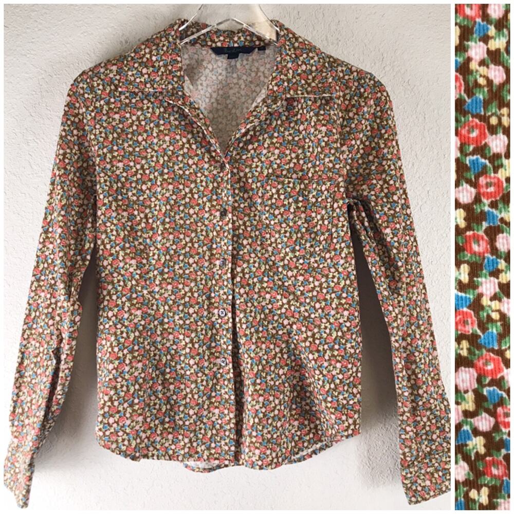 Boden Lightweight Corduroy Brown Floral Long Sleeve Button Blouse Cotton US 6